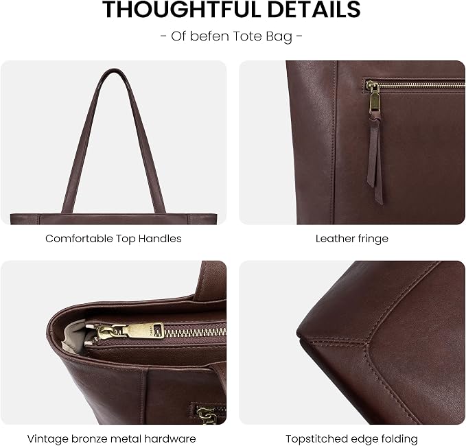befen Genuine Leather Tote Bag for Women, Large Work Tote Bag with Zipper Leather Purse and Handbags with 15.6" Compartment - Image 6