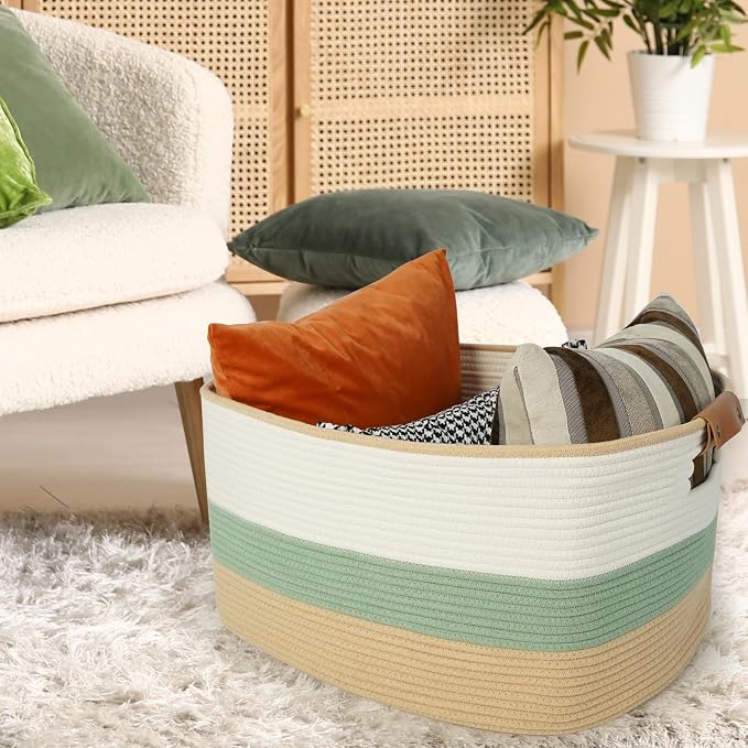 Large Woven Basket, 108L Rectangular Woven Storage Basket with Leather Handles, Stylish Organizer Bin for Home, Office, Laundry, Toys, or Blankets, 25’’*16’’*16’’ White & Green & Jute - Image 3