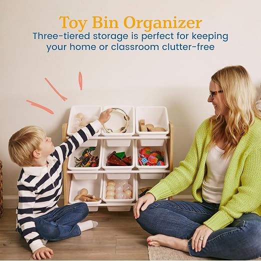 ECR4Kids 3-Tier Organizer with 9 Removable Plastic Bins, 3x3, Toy Storage, Dark Natural/White | Durable plastic bins, MDF panels, steel frame, GREENGUARD Gold Certified, 27 lb capacity, anti-tip kit, playroom/classroom - Image 4