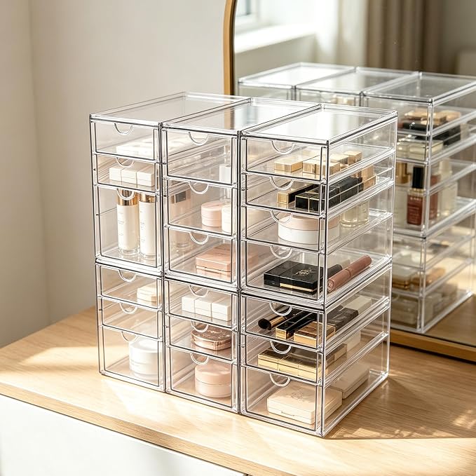 Prsildan Stackable Desk Organizers with 20 Drawers, Craft Storage Drawer | Anti-slip Clear Acrylic Teacher Toolbox, Makeup Vanity Organizer for Nail, Bathroom Kitchen Office Organization, 6 Pack - Image 8