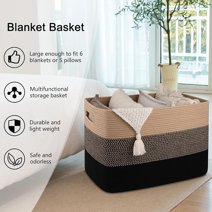 OIAHOMY 108L Extra Large Blanket Basket Dog Toy Basket Yellow and Black | Rectangle Woven Baskets for Storage Cotton Rope Basket For Living Room Toy Storage Blanket Storage Laundry Basket - Image 5