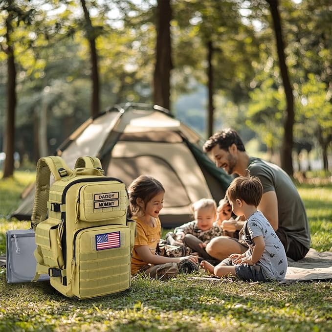SHARKMOUTH Military Diaper Bag for Baby - Large Baby Backpack with Changing Pad for Boy Girl - Army Dad Diaper Bag for Hiking Travel Camping Trips Tan - Image 7