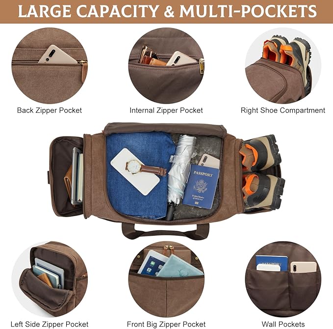 S-ZONE Canvas Duffel Bag for Travel Weekender Overnight Travel Bags for Men | Cotton Canvas, 45L Large Size, Shoes Compartment,Multi-Pocket, Removable Shoulder strap for Gym or Business, Coffee - Image 2