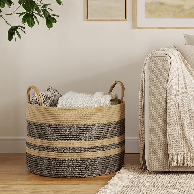 Nunsino 72L Woven Blanket Basket with Leather Handles, Cotton Rope Laundry Basket Hamper,Decorative Nursery Basket Toy Storage Basket for Kids, Living Room, Bedroom,Dark Brown Stripes - Image 2