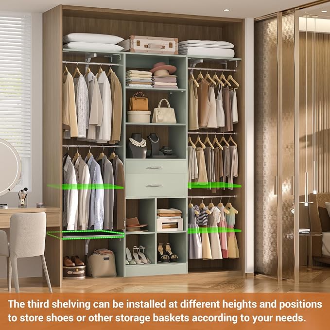 5FT Small Closet System, Baby Closet Organizer System with Wooden Drawers, 60 Inches Walk in Closet System with 5 Hanging Rods and 3 Reversible Hanging Shelving, Crab Green - Image 5