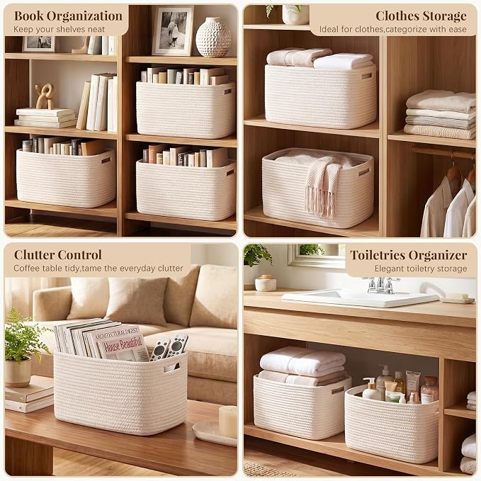 OIASKET 4Packs Natural Cotton Rope Storage Baskets for Organizing Toys, Clothes, Towels & Books, Soft Versatile Organizers for Shelves, Home Decorative Bins, 13''Lx9''Wx7.8''H, White - Image 6