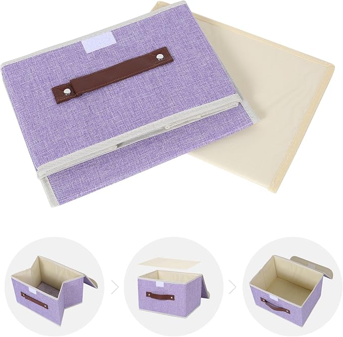 ANMINY Fabric Storage Box Bins with Lids, Purple, 10"x8"x7", 2 Pack | Keepsake Memory Storage, Cotton Linen, PP Board Reinforced, Washable, PU Handles, Foldable & Stackable, Decorative, Small - Image 8