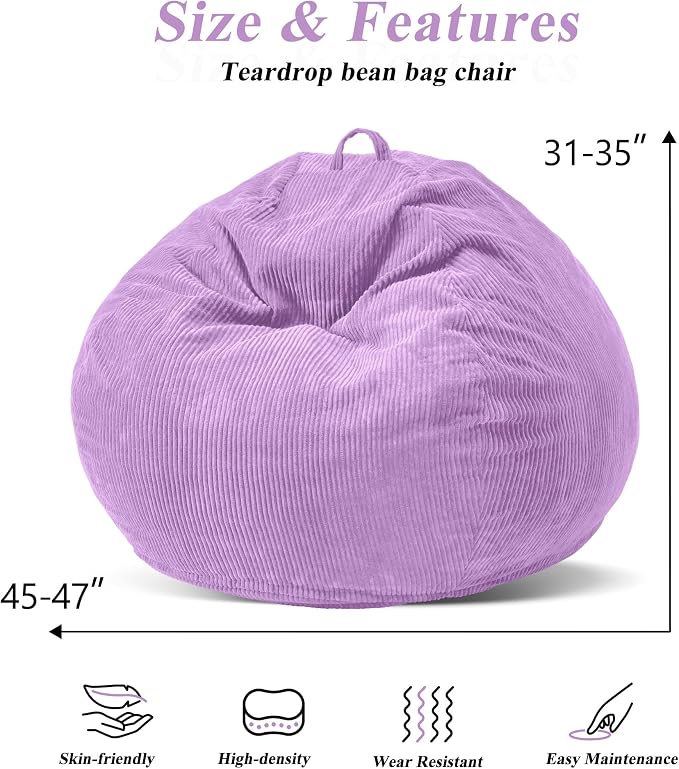 4FT Bean Bag Chair for Adults,Large Teardrop Beanbag with Filler | Beanbag Chair with Memory Foam Filled,Bean Bags with Handy Handle&Machine Washable Cover for Living Room,Bedroom-Purple - Image 2