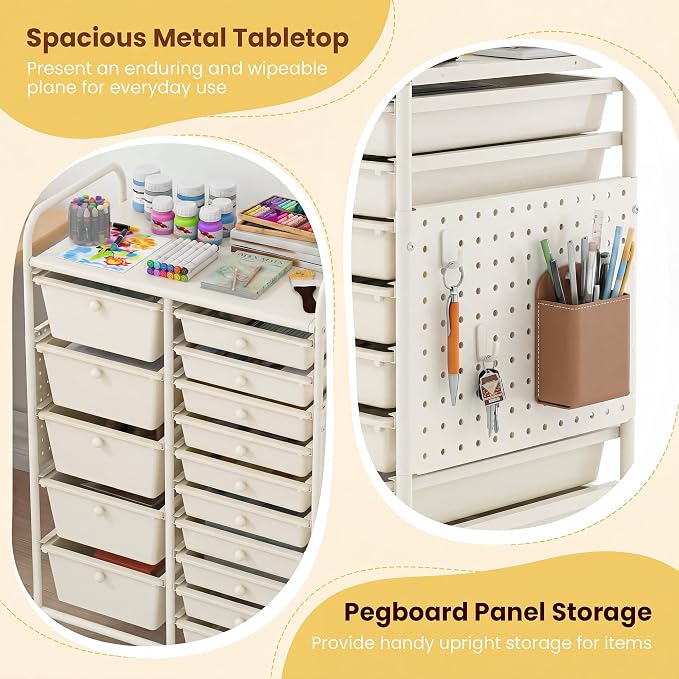 DREAMADE 15-Drawer Rolling Storage Cart, Craft Organizer Cart, White | Mobile Utility Cart with Metal Pegboard Panels, Tabletop and Lockable Wheels for Classroom, Office, Studio and Playroom - Image 5
