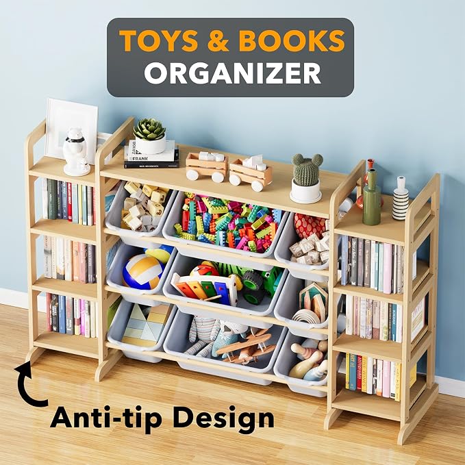 SpaceAid Large Toy Storage Organizer 9 Shelves 9 Bins, Toy Organizers Storage Bookshelf, Kids Bin Shelf Toys Box Bookcase for Bedroom Playroom Organization Room Decor, Neutral Gray - Image 4