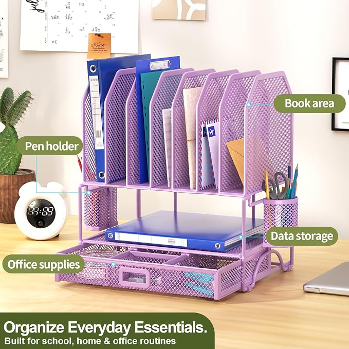 FANXIYQ Metal Desk Organizer with Sliding Drawer, 7-Section File Organizer for Desk, Desktop File Folder & Paper Organizer with 2 Hanging Pen Holders, Office Supplies Organizer, Purple - Image 2