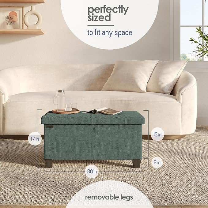 Storage Ottoman Bench with Bins, 30-in Storage Bench for Bedroom End of Bed, Folding Foot Rest Ottoman for Living Room Max 660lbs, Fabric Ottomans, Green - Image 8