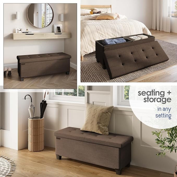 Storage Ottoman Bench with Bins, 43-in Storage Bench for Bedroom End of Bed, Folding Foot Rest Ottoman for Living Room Max 660lbs, Fabric Ottomans, Brown - Image 4