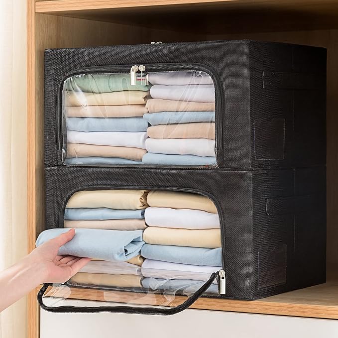 CYhom 3Pack Foldable Storage Bins - Frame Storage Box Linen Fabric Stackable Clothes Container Organizer with Clear Window & Carry Handles Large Capacity (Large-66L, Black) - Image 8