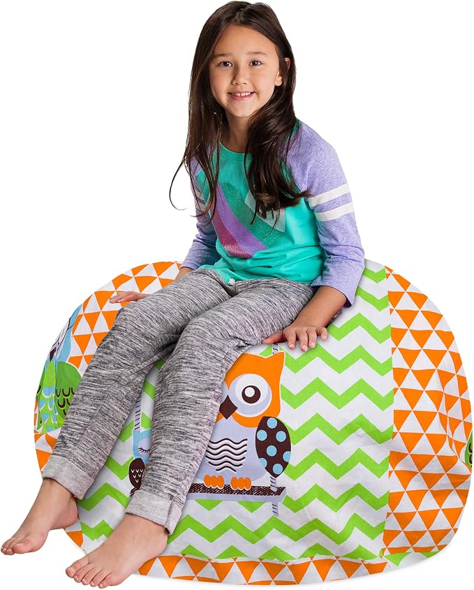 Posh Stuffable Kids Stuffed Animal Storage Bean Bag Chair Cover - Childrens Toy Organizer, Large 38" - Canvas Owls Green and Orange - Image 3