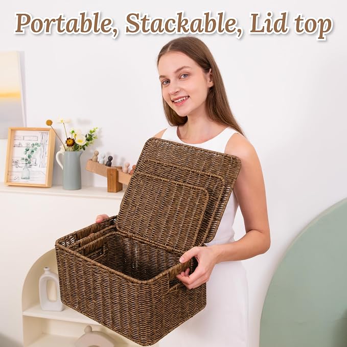WeeNest Baskets with Handles, Wicker Storage, Shelf Boxes for Organizing, Stackable Woven Bins, Decorative Lidded Resin, Set of 3, Toffee - Image 5