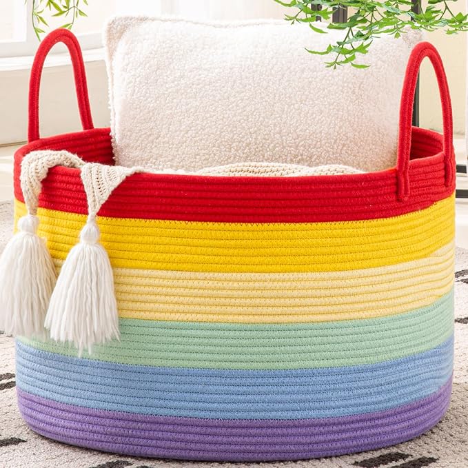 KAKAMAY Large Blanket Basket with Handles, Storage Basket for Living Room | Extra Large Capacity | Natural Cotton Rope | Blanket Storage | Woven Storage Basket | Stuffed Animal Storage | Laundry Basket by KAKAMAY