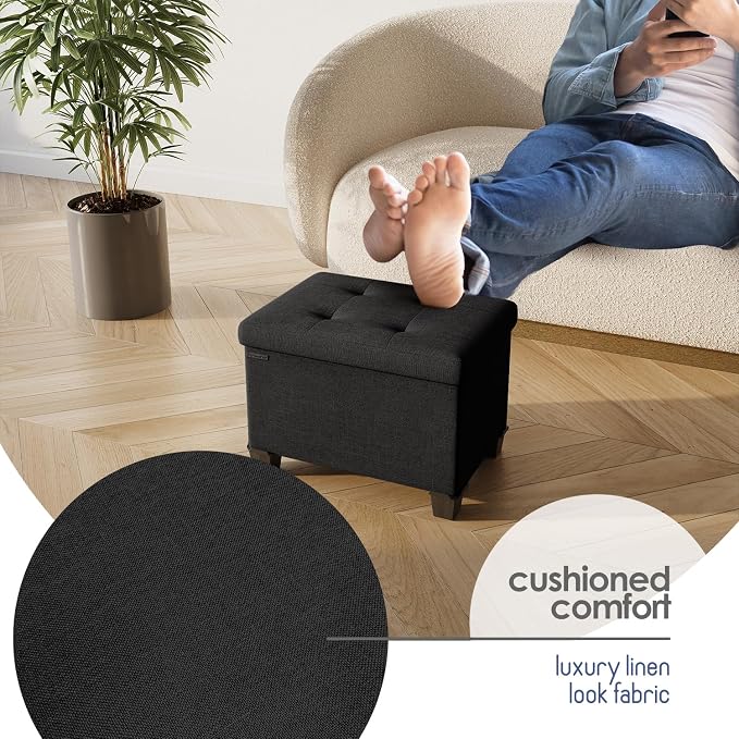Storage Ottoman Cube with Small Bin, 16-in Square Ottoman with Storage for Living Room and Bedroom, Small Ottomans Foot Rest, Fabric Foot Stools Ottomans Max 330lbs, Black - Image 7