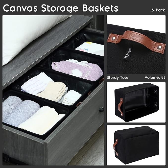 Hinwo 7.9L Compact Canvas Storage Bin with Handles, 6-Pack | Collapsible Fabric Baskets, Storage Cubes, Closet Shelf Organizers, Containers for Small Items Trinkets (Black) - Image 5