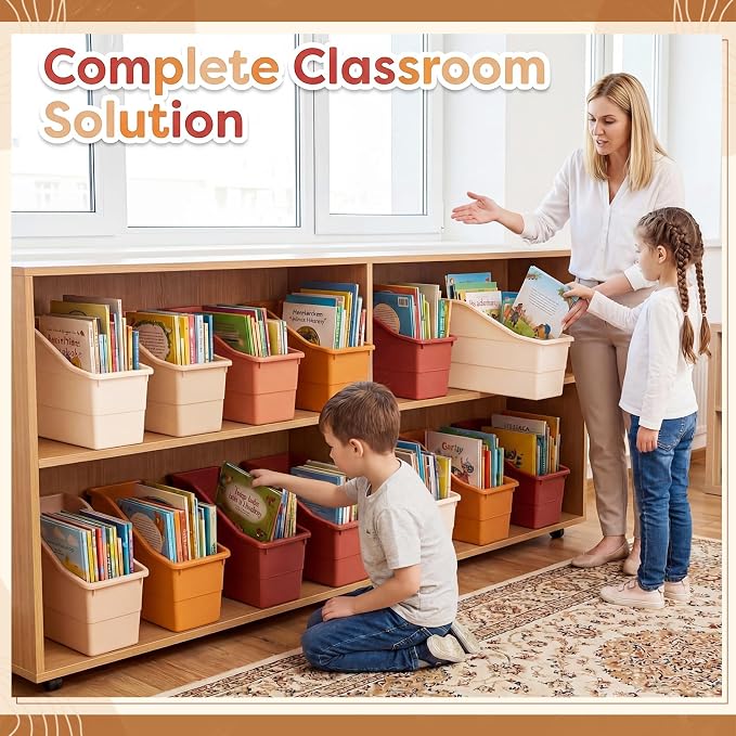 Blosssound 12 Set Book Bins for Classroom Stackable,Earth Tones | Plastic Baskets with Labels, Slanted Front, Library Supplies Organizers, Desktop Storage Bins, Teachers Home School Use - Image 6