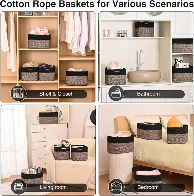 Small Storage Baskets for Organizing Shelves, Cotton Rope Basket for Storage, Cute Rectangular Book Toy Basket, 12.7"×9.1"×7.9", 4 Packs, Black & Jute - Image 4