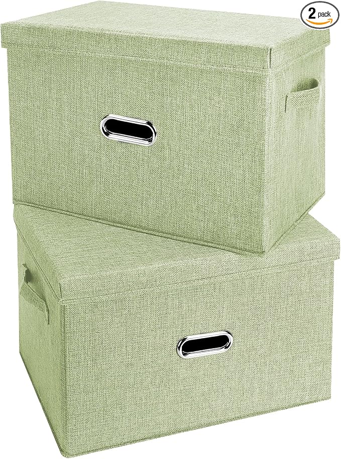 Large Linen Fabric Foldable Storage Bins with Removable Lid and Handles, Washable Storage Box Organizer Containers Baskets Cube with Cover for Bedroom,Office(Green, XXL(2-Pack)) by Unknown