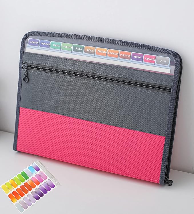 NAFY Expanding File Folder, 13 Pockets Document Organizer with Zipper, A4 Letter Size Portable Accordion Expanding File Folders with 27pcs Multicolor Labels for Home Office School Supplies (Pink) by Nafy