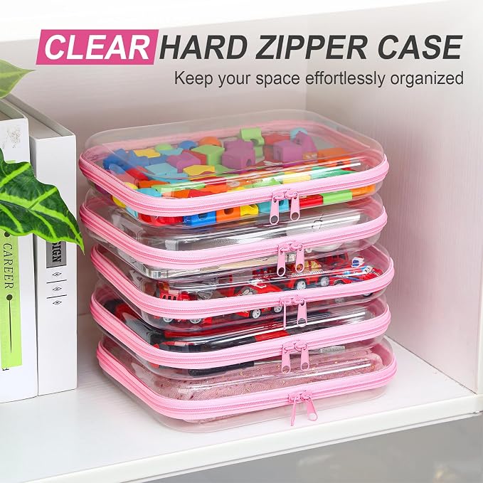 Sanwuta 6 Clear Hard Zipper Case,Pink,9.84 X 7.87 X 2 Inch | Pencil Case Pouches ,Makeup Bag,Plastic Toiletry Diaper Bag ,Travel Toy Storage,Waterproof Organizer Bins - Image 5