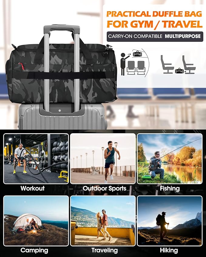 RAINSMORE Gym Bag for Men, 45L Sports Travel Duffel Bag with Shoe & Laptop Compartment, Gym Workout Backpack Carry On Weekender Bag Overnight Backpack for Travel, Black Camo - Image 7
