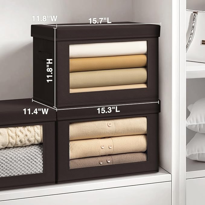 Stackable Storage Bins with Lids - Large Storage Box with Lids, Foldable Closet Boxes for Organizing, Wardrobe Clothes Organizer with Window, Cubes Bins for Living Room, 3 Pack, Brown - Image 2