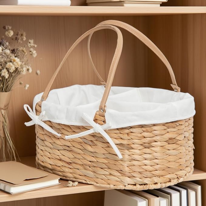 Water Hyacinth Diaper Caddy,Woven Baby Organizer for Nursery | Wicker diaper caddy with PU Handles& Detachable Lining for Newborn Bath, clothes,Cute Registry Must Have for Baby Gifts - Image 4