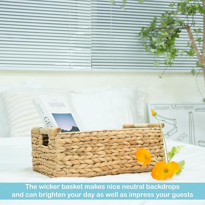 VATIMA Hyacinth Large Wicker Basket 15.5x10.8x6.2" | Rectangular, Wooden Handles, Shelf Organizer - Image 7