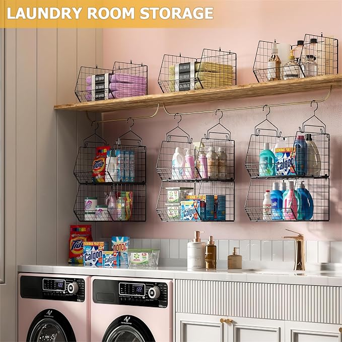 X-cosrack 3-Tier Hanging Closet Organizer, Laundry Room Organization | Space Saving Shelves with 1.65" Hook & 5 S-Hooks | Hanging Wire Baskets (12.4" W x 8.8" H x 10.24-11.8" D) - Image 4