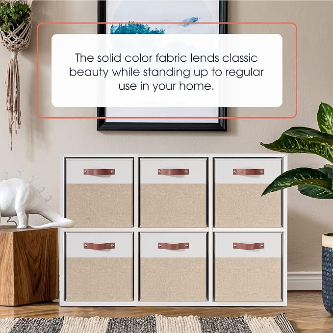 Ornavo Home 13x13 Foldable Fabric Storage Cube Bins, 6 Pack, White/Khaki | Collapsible Linen Shelf Basket Organizer; Leather Handles; Ideal Cube Storage For Closet - Image 2