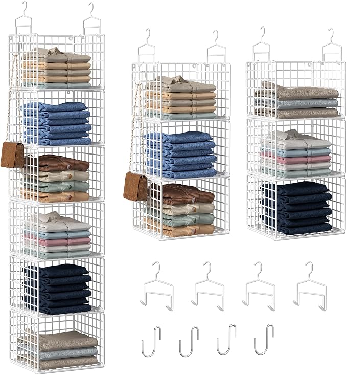 6 Tier Closet Hanging Organizer, Metal Closet Organizers and Storage with 4 Hanging Hooks 4 S-Hooks for Wardrobe Laundry Room, Wire Storage Shelf for Clothes Sweaters Pants (White) by Orapoke