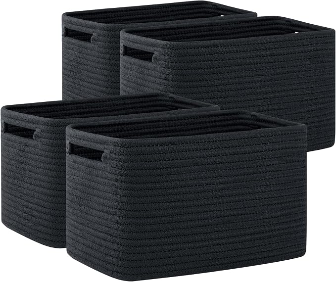 OIAHOMY 4 Pack Storage Baskets for Organizing 15L Cube Storage Bins Black | Woven Baskets for Storage Rectangle Small Baskets With Handles Baskets for Shelves Wicker Baskets for Shelves 12.7x9x7.8inch by MasterofSpaceOptimization