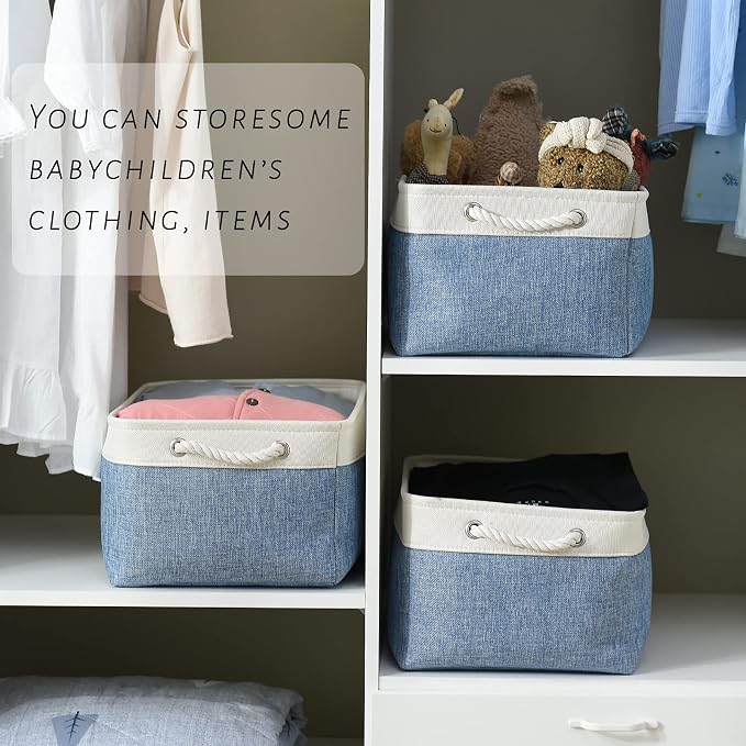 TcaFmac Storage Bins for Organization - Large 3 Pack Canvas Storage Basket for Shelves with Handles, Collapsible Baskets for Organizing for Closet Dog Laundry (White & Blue16x12x8 inch) - Image 4