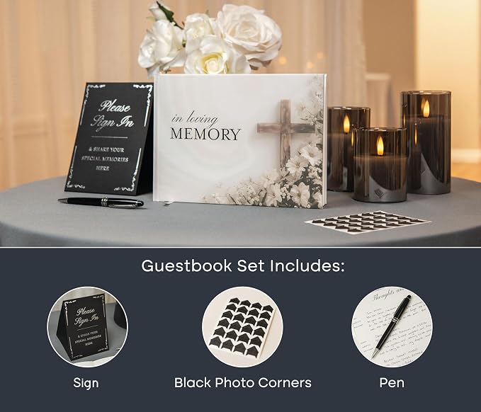 Cross Hardcover Funeral Guest Book - 9.5 x 7 Celebration of Life Guestbook for Memorial Service with 5x7 Paper Sign, Pen, Black Photo Corner Stickers - Image 5