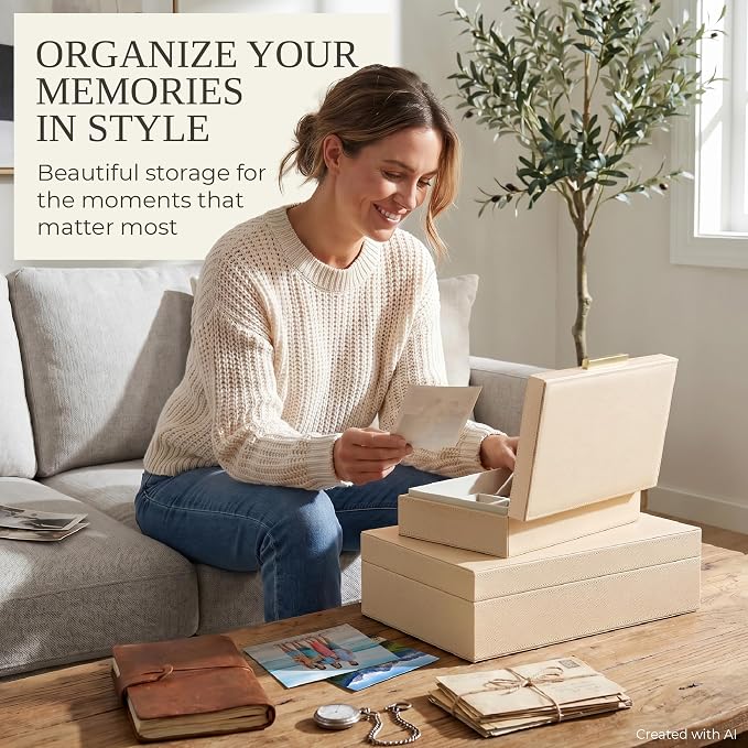 Decorative Storage Boxes with Lids - Set of 2 PU Leather Organizer Bins | Beautiful Bins for Your Bookshelf Home Decor - Safely Store Photos, Documents and Memory Box Keepsakes in Style - Image 5