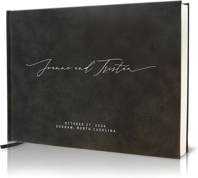Personalized Guestbook in Charcoal - 11.5 x 8.5 Custom Hardcover Book for Wedding Reception Guests to Sign, Photobooth Album w/ Blank 140gsm Pages, Includes Ribbon Bookmark, Customized Names & Date by MUUJEE
