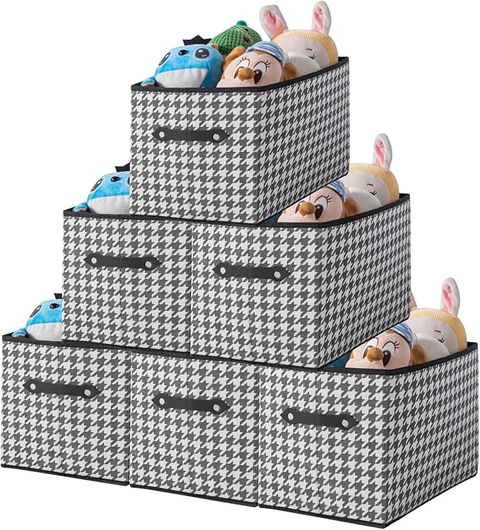 6 Pack Large Collapsible Storage Baskets for Shelves,14.9"x9.5" Fabric Closet storage Boxes with Leather Handles,Decorative Organizers Storage Bins for Clothes,Sheets,Toys,Books,(Houndstooth by Yunkeeper