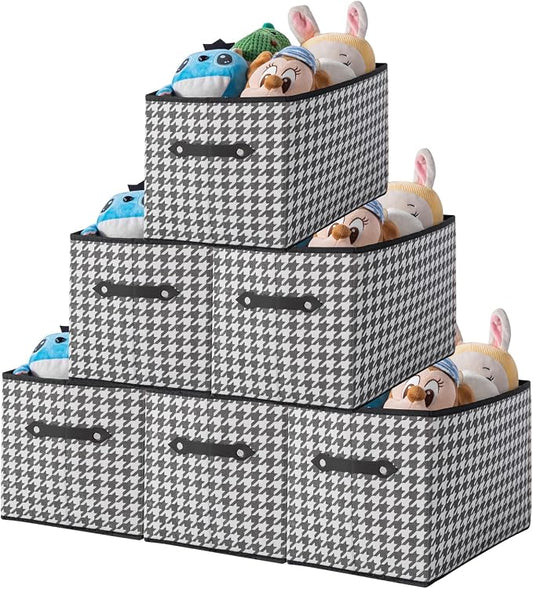 6 Pack Large Collapsible Storage Baskets for Shelves,14.9"x9.5" Fabric Closet storage Boxes with Leather Handles,Decorative Organizers Storage Bins for Clothes,Sheets,Toys,Books,(Houndstooth by Yunkeeper