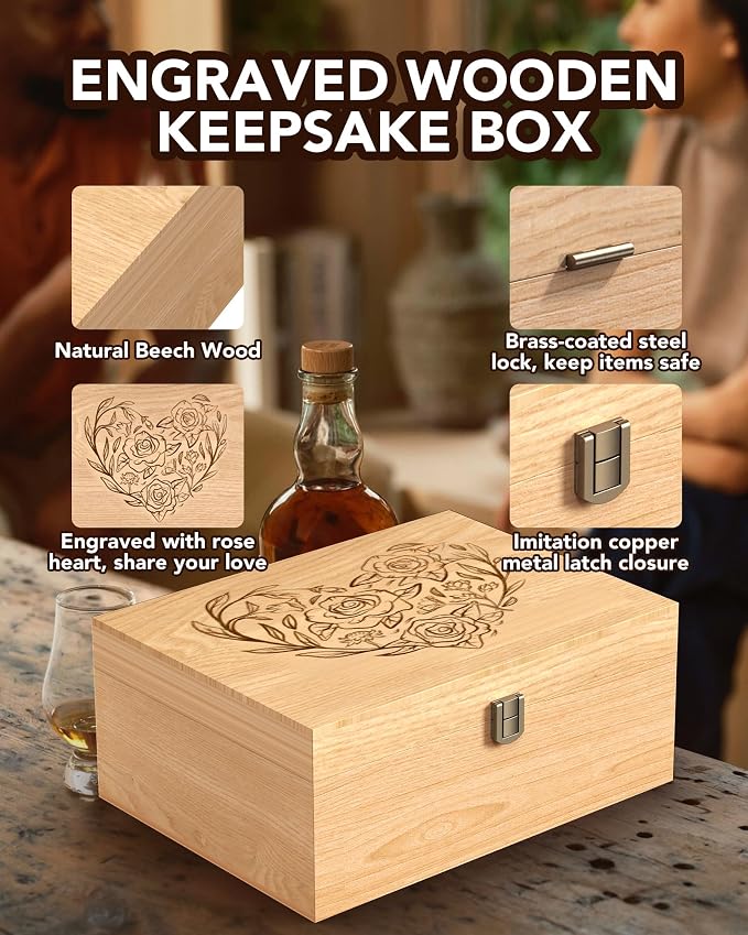 EXISTING Wooden Memory Keepsake Box, Floral Heart Engraved Keepsake Boxes | Memorial Box with Lock, Art Box for Anniversary, Wedding, Birthday, Valentines Day for Keepsakes, Wood Box for Office or Home - Image 2