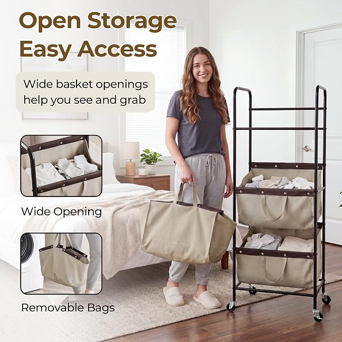 GRANNY SAYS 3 Tiered Laundry Sorter, Narrow Hamper Cart with Wheels | Sturdy 3 Section Laundry Basket with Wheels, Vertical Light Kahki Hamper Cart for Bedroom, Bathroom, Apartment - Image 4