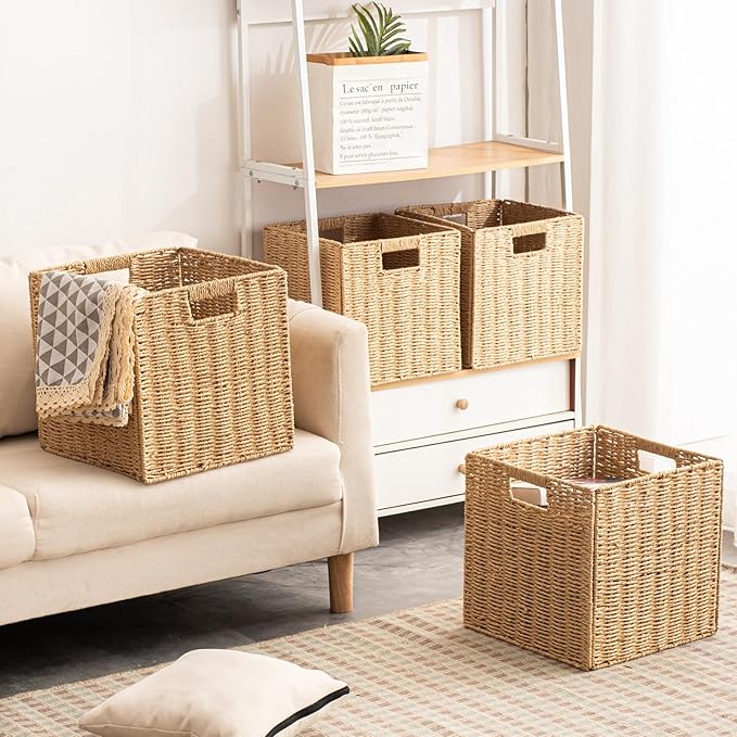 Foldable Storage Baskets with Handles Paper Rope Storage Baskets Rectangle Collapsible Hand Woven Storage Cubes Bins for Organizing Shelves Living Room Bedroom Pantry (4, 13'' x 13'' x 13'') - Image 3