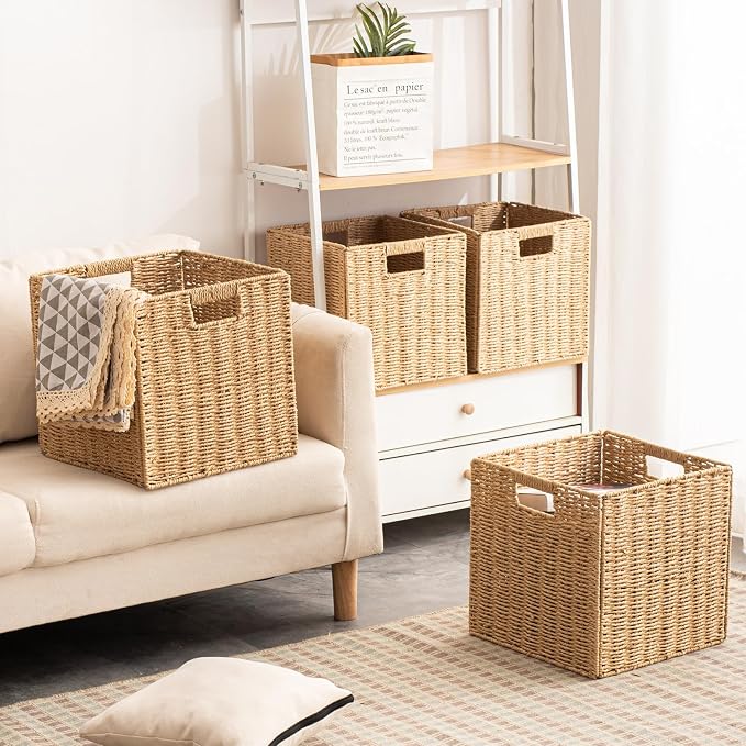 Foldable Storage Baskets with Handles Paper Rope Storage Baskets Rectangle Collapsible Hand Woven Storage Cubes Bins for Organizing Shelves Living Room Bedroom Pantry (3, 11'' x 11'' x 11'') - Image 3