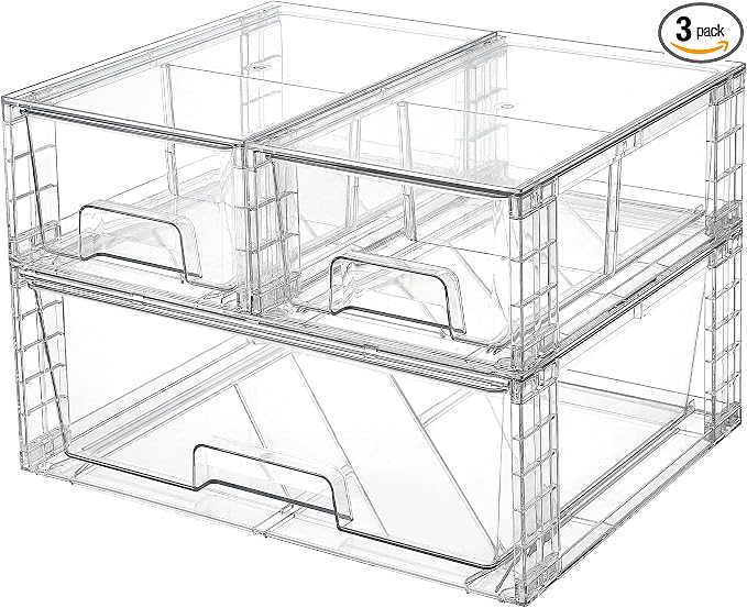 Vtopmart Clear Stackable Storage Drawers, 3 Pack Wide Organizer Set | Wide and Small Pull-Out PET Drawers with Stackable Design for Bathroom Organization, Cabinets, Closets, Pantry and Medicine by Vtopmart