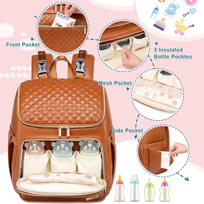 Diaper Bag Backpack Leather Baby Diaper Bag with Changing Pad Travel Diaper Backpack,Baby Bag for Mom,Stroller Straps,5 Insulated Pockets (Brown Leather) - Image 3