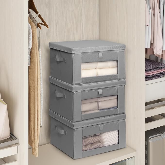 Thick Fabric Storage Bins with Lids, Collapsible Storage Box Closet Shelf with Clear Window, Decorative Baskets for Clothes, 3 Set, Grey, Medium - Image 7
