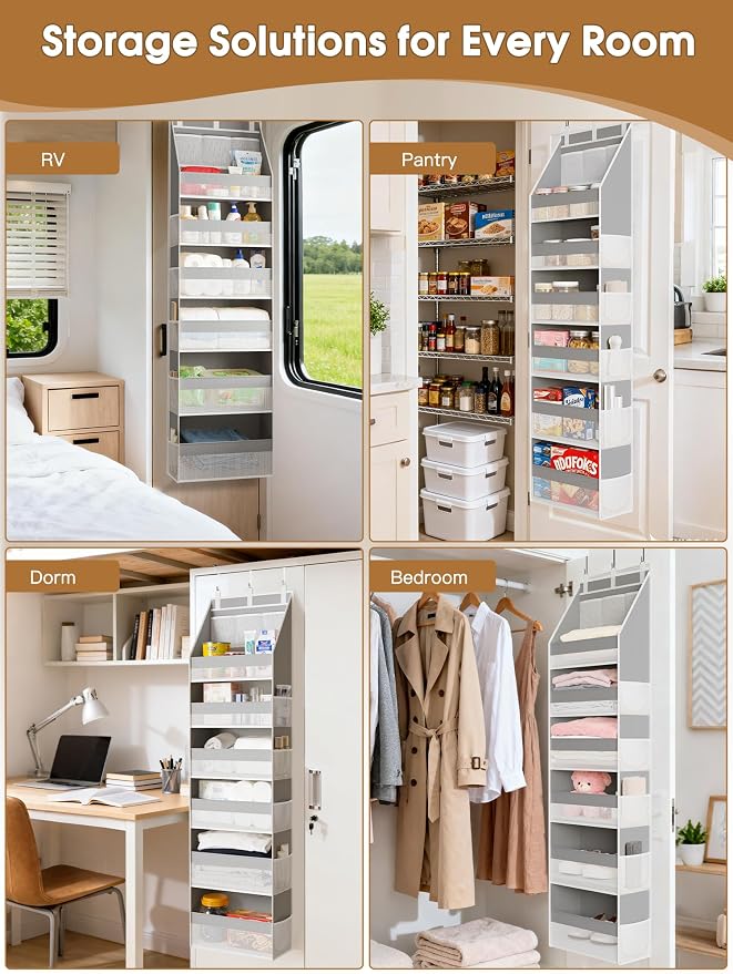 Over The Door Organizer, Heavy-Duty 6-Shelf Hanging Storage with 13 Mesh Pockets, 55lbs Capacity Behind The Door Storage for Nursery, Bathroom, Bedroom, and Dorm, Grey - Image 7